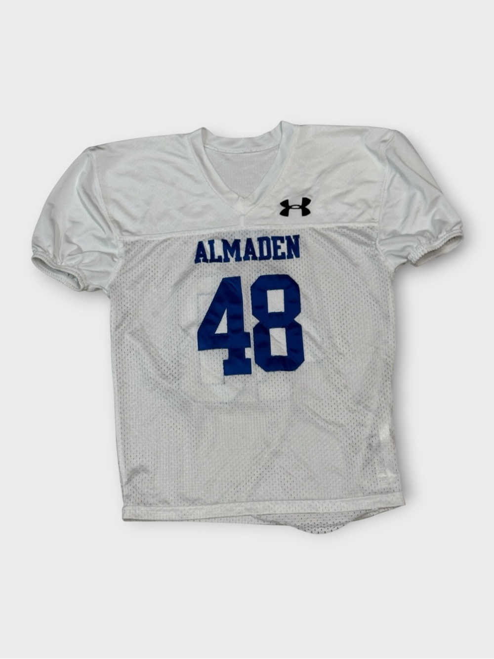 Distressed Under Armour Almaden #48 Football Jersey Baby Tee — White/Royal Blue